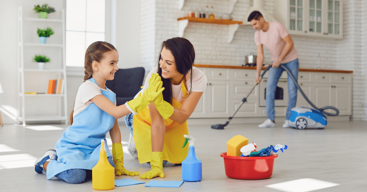 family cleaning together