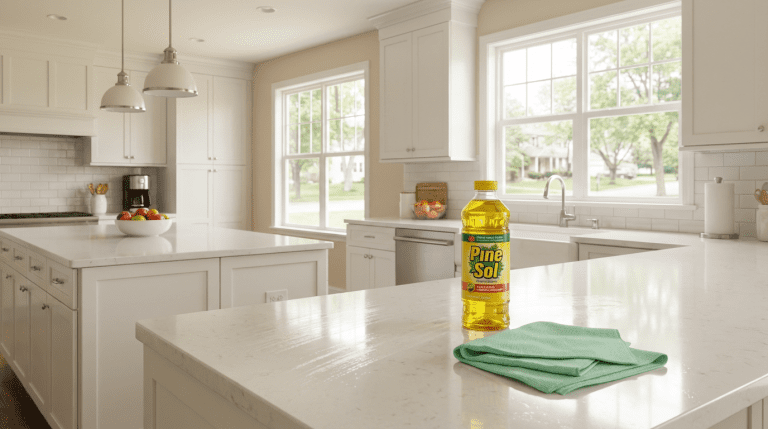 Bottle of Pine-Sol on a clean kitchen countertop with a mint green microfiber cloth.