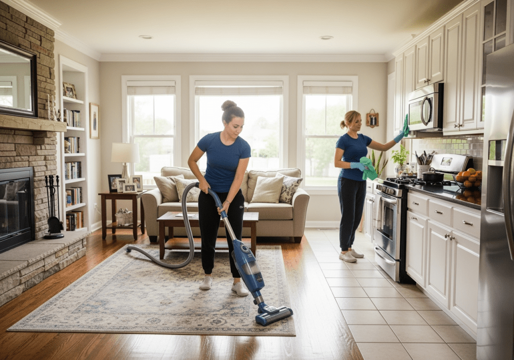 Buffalo Grove maids providing professional apartment cleaning, tidying and wiping down a kitchen to keep the space fresh and spotless.