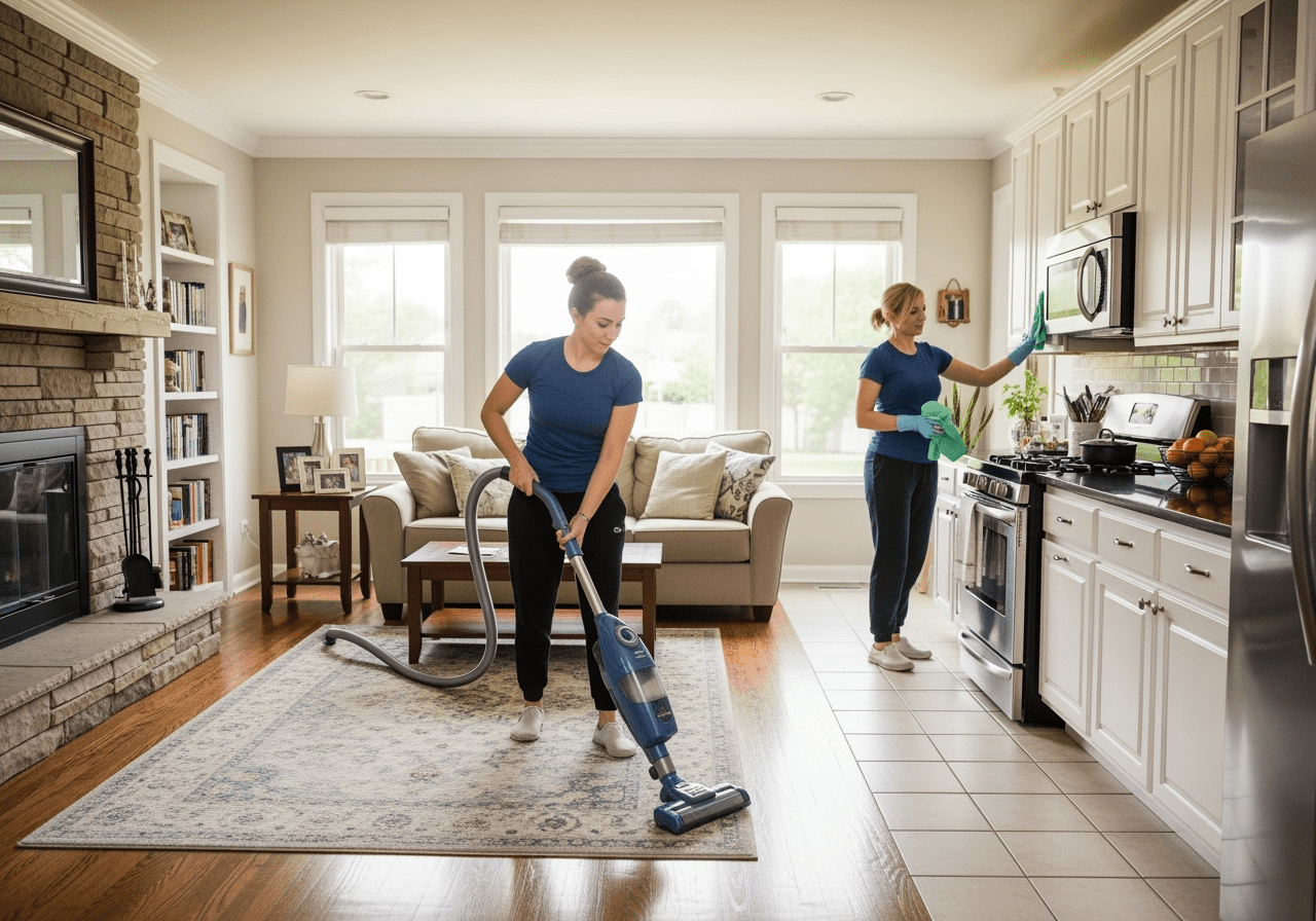 Buffalo Grove maids providing professional apartment cleaning, tidying and wiping down a kitchen to keep the space fresh and spotless.