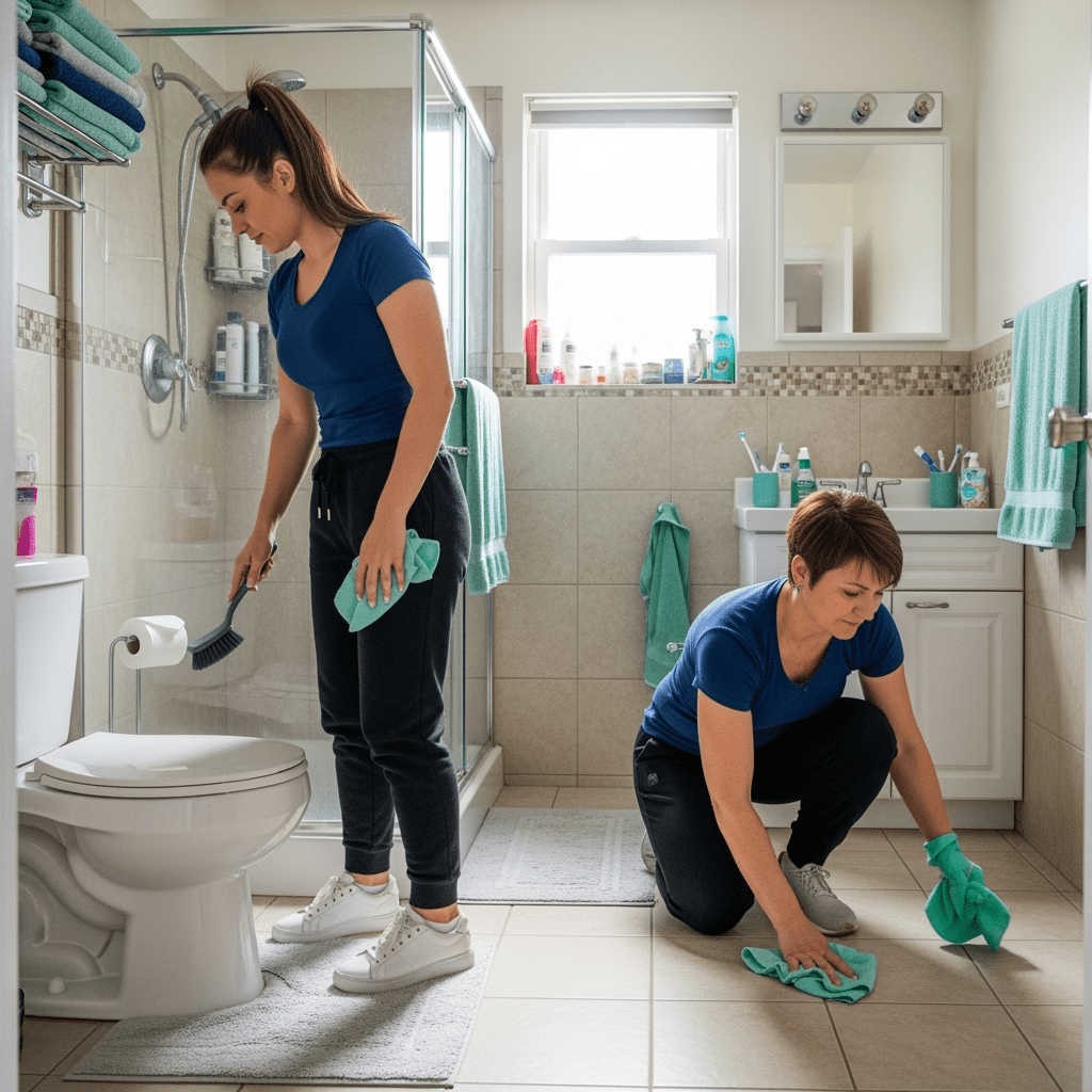 Bathroom Cleaning – Two Maids Scrubbing Toilet and Floor in Chicago Home Two Polish women maids cleaning a suburban Chicago bathroom. One maid with tied-back hair is scrubbing the toilet with a brush and cloth, while another maid with short hair is kneeling to wipe the tiled floor. The bathroom has a glass shower door, mirror, folded towels, toiletries, and bright natural daylight.
