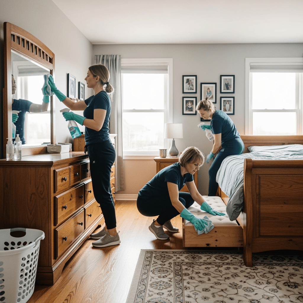 Wheeling maids performing deep bedroom cleaning, polishing mirrors and reaching under the bed to keep the space fresh and spotless.