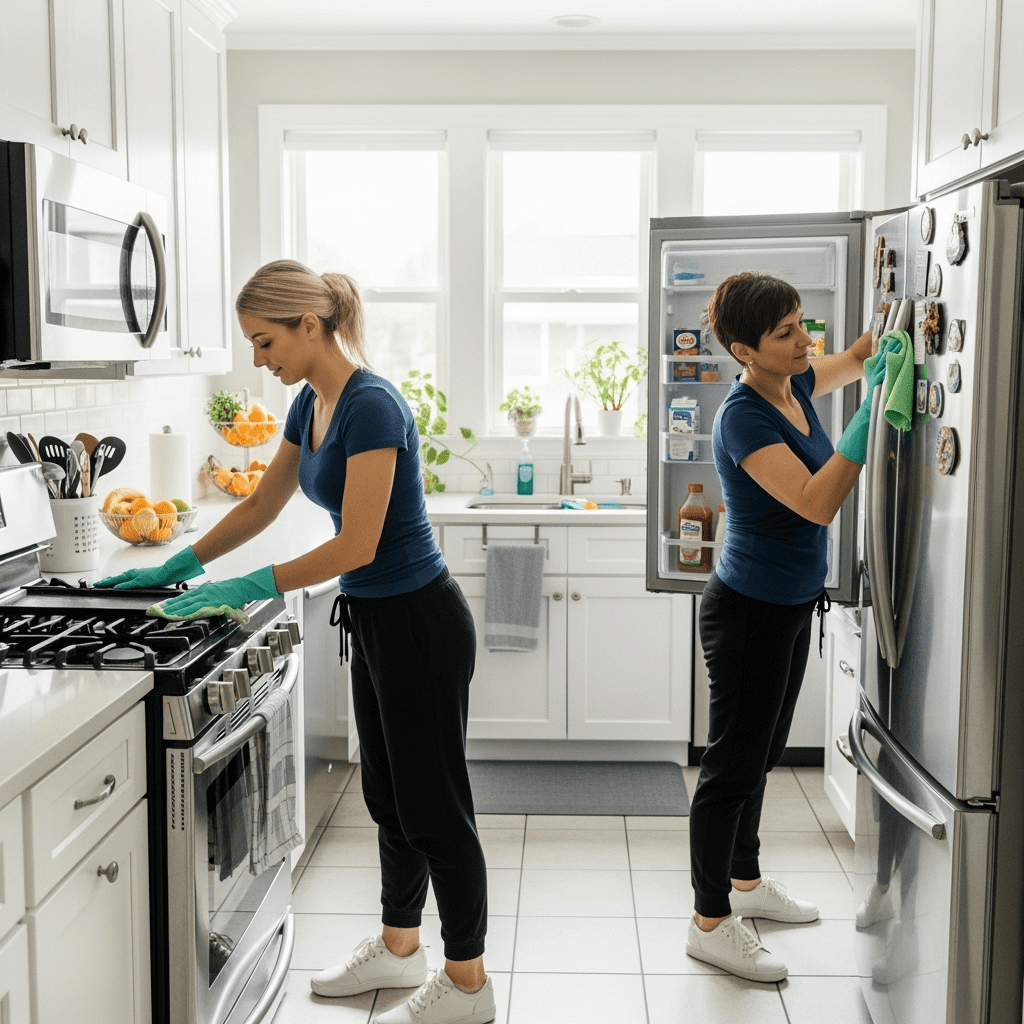 Deep Cleaning Kitchen – Two Maids Scrubbing Stove Top and Cleaning Inside Refrigerator in Elmhurst Home Two Polish women maids deep cleaning a suburban Elmhurst kitchen. One maid with tied-back hair is scrubbing the stove top burners, while another maid with short hair is leaning into the open refrigerator, wiping the inside shelves. The fridge shows everyday items like milk, juice, and condiments, making the scene realistic.