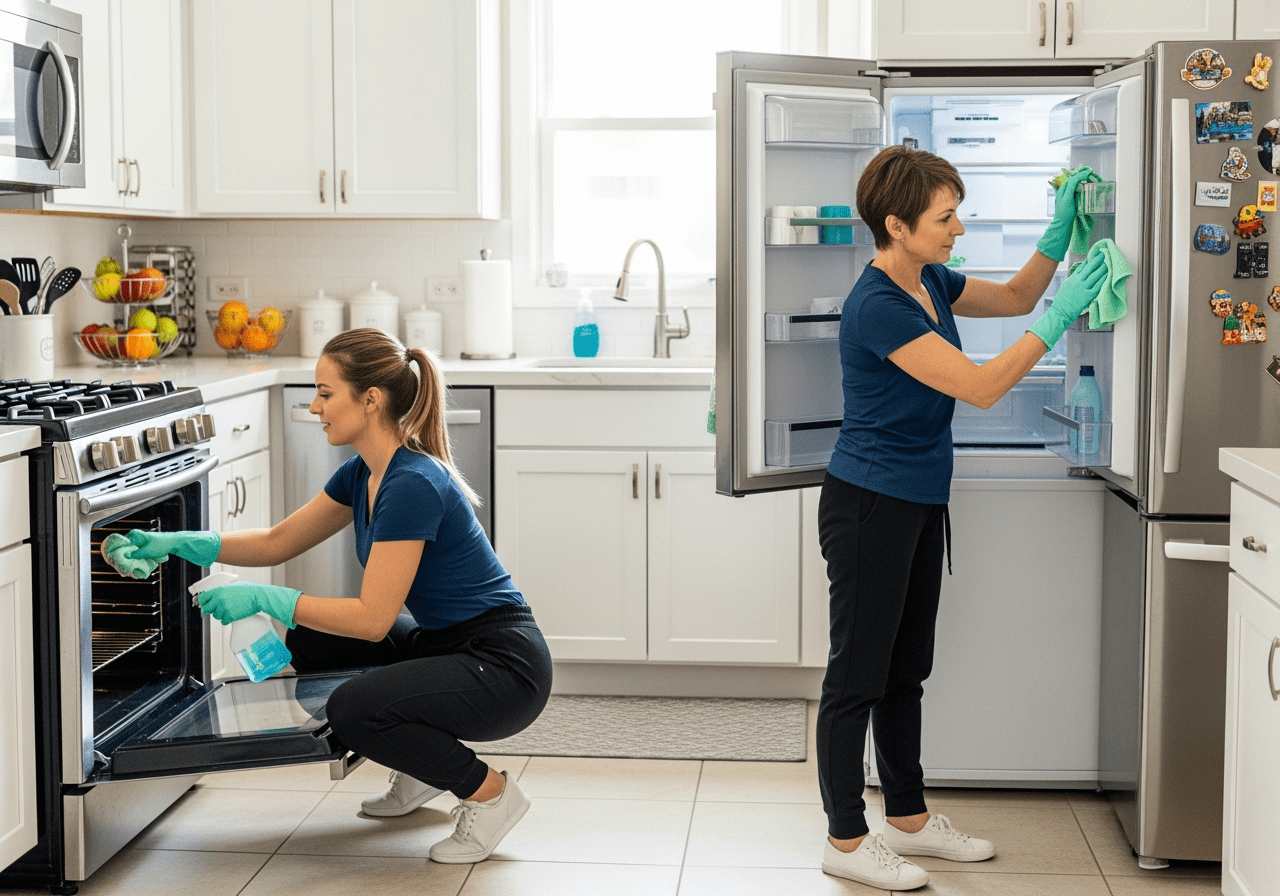 Buffalo Grove maids delivering deep cleaning service, carefully scrubbing the oven and refrigerator for a sparkling, hygienic kitchen.