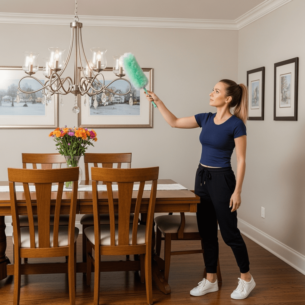 Elmhurst maid cleaning a dining room chandelier with a microfiber cloth. Professional dining room cleaning service keeping light fixtures and living spaces spotless. - Upstairs Downstairs Cleaning Service Elmhurst Dining Room Cleaning Service