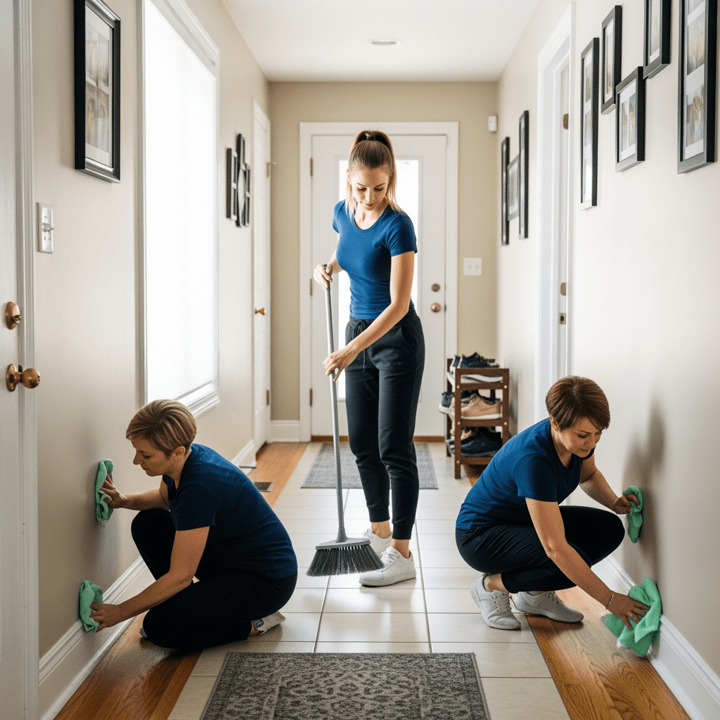 hallway-cleaning-two-maids-sweeping-baseboards-chicago - Upstairs Downstairs Cleaning Service