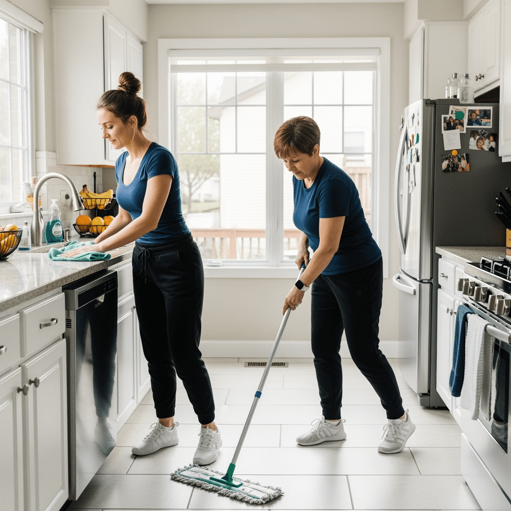 Kitchen Cleaning – Two Maids Wiping Counters and Mopping Floors in Chicago Home Two Polish women maids cleaning a suburban Chicago kitchen. One maid in a navy t-shirt and black joggers is wiping the counter with a mint green cloth, while the other maid, slightly older with short hair, is mopping the tiled floor. The kitchen has white cabinets, stainless steel appliances, family photos on the fridge, and bright natural daylight.