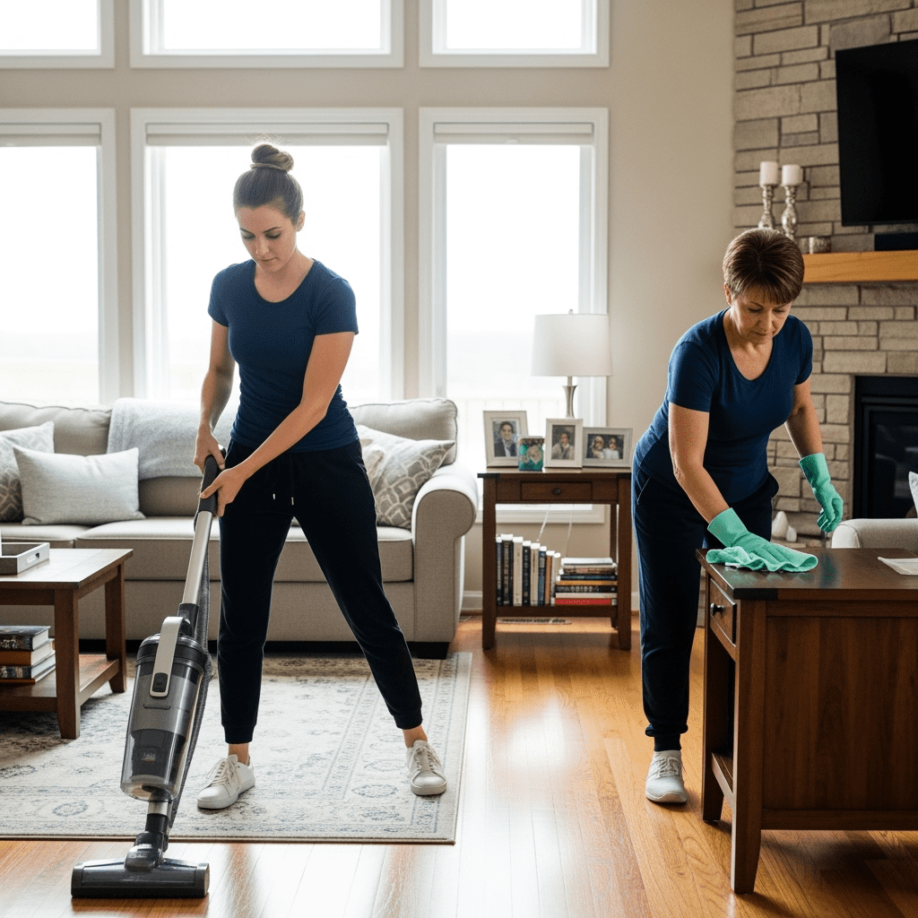 Living Room Cleaning – Two Maids Vacuuming and Dusting in Chicago Home Two Polish women maids cleaning a suburban Chicago living room. One maid with her hair tied back is vacuuming a rug in front of the couch, while another maid with short hair is dusting a wooden side table with a mint green cloth. The room has hardwood floors, a stone fireplace, family photos, books, and bright natural daylight.