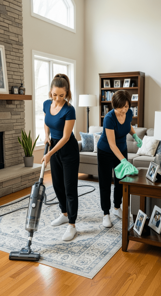Northwest Chicago maids cleaning a living room. One vacuums the floor while the other dusts surfaces, showing professional house cleaning service with attention to detail.