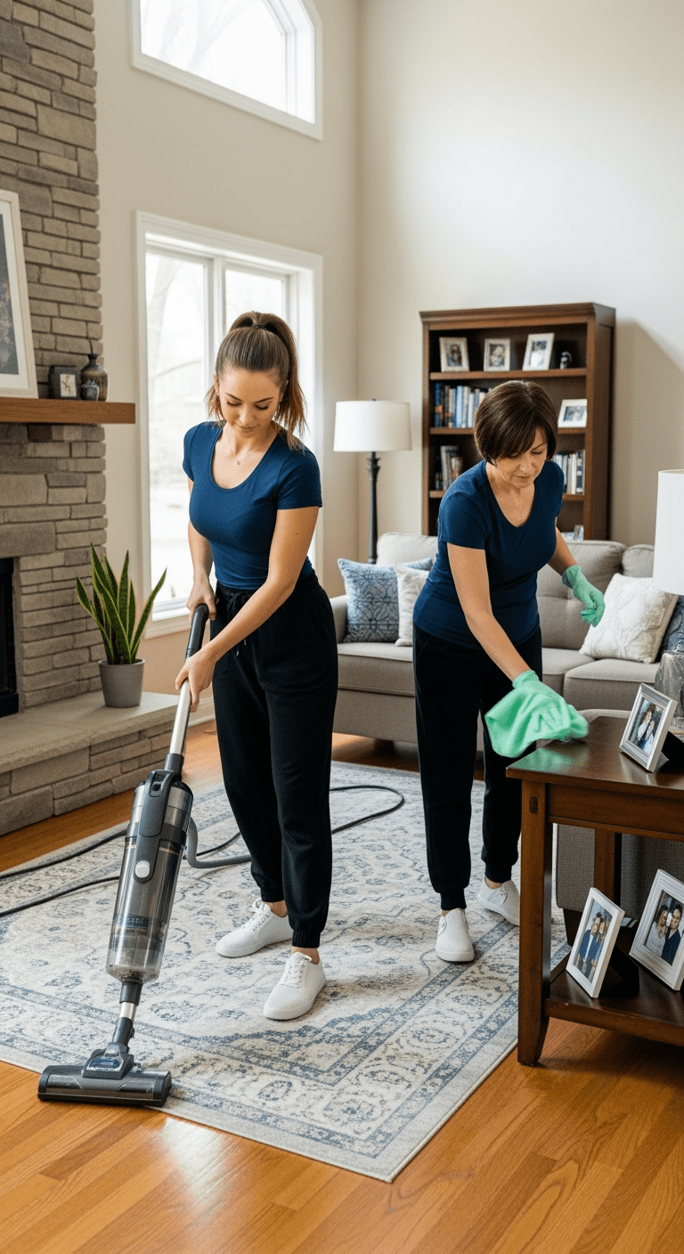 Living Room Cleaning – Two Maids Vacuuming and Dusting in NW Chicago Home Two Polish women maids cleaning a suburban Chicago living room. One maid with tied-back hair, in a navy t-shirt and black joggers, is vacuuming the rug in front of the couch. Another maid with short hair, in the same uniform, is dusting a wooden side table with a mint green cloth. The room has hardwood floors, a stone fireplace, framed family photos, books on a shelf, and bright natural daylight.