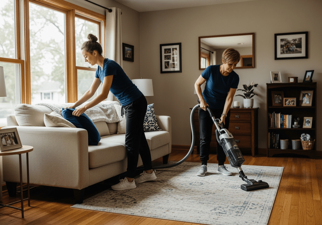 Recurring Weekly Housekeeping – Two Maids Cleaning Living Room in Elmhurst Elmhurst maids providing recurring weekly housekeeping, vacuuming and dusting a living room to maintain a spotless and comfortable home.