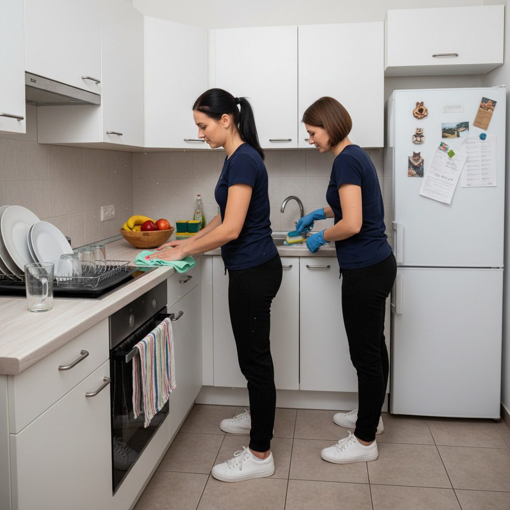 Chicago maids cleaning a lived-in apartment kitchen. One wipes the countertop near a fruit bowl while the other scrubs the stainless steel sink. Everyday details like fridge magnets, dish rack, and a hanging towel show a realistic home environment.