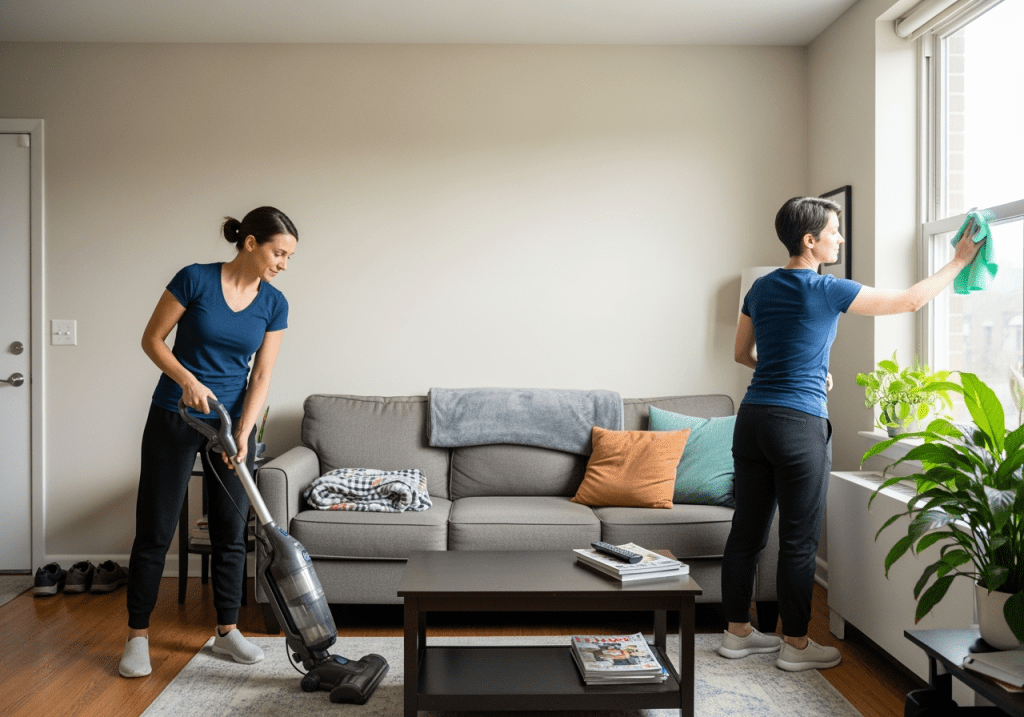 Palatine maid providing apartment cleaning service, dusting and tidying a living room to keep the space fresh, clean, and welcoming.