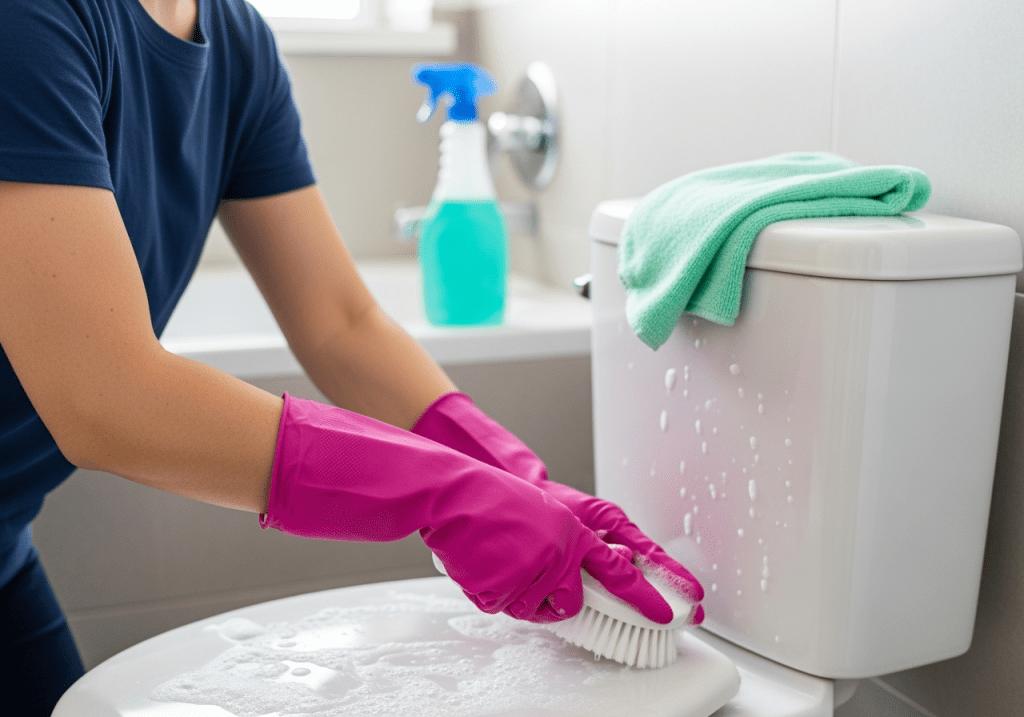 Deep Bathroom Cleaning – Maid Scrubbing Toilet in Palatine - Upstairs Downstairs Cleaning Service Palatine maid performing deep bathroom cleaning, scrubbing the toilet to ensure a sanitary, fresh, and spotless home environment.
