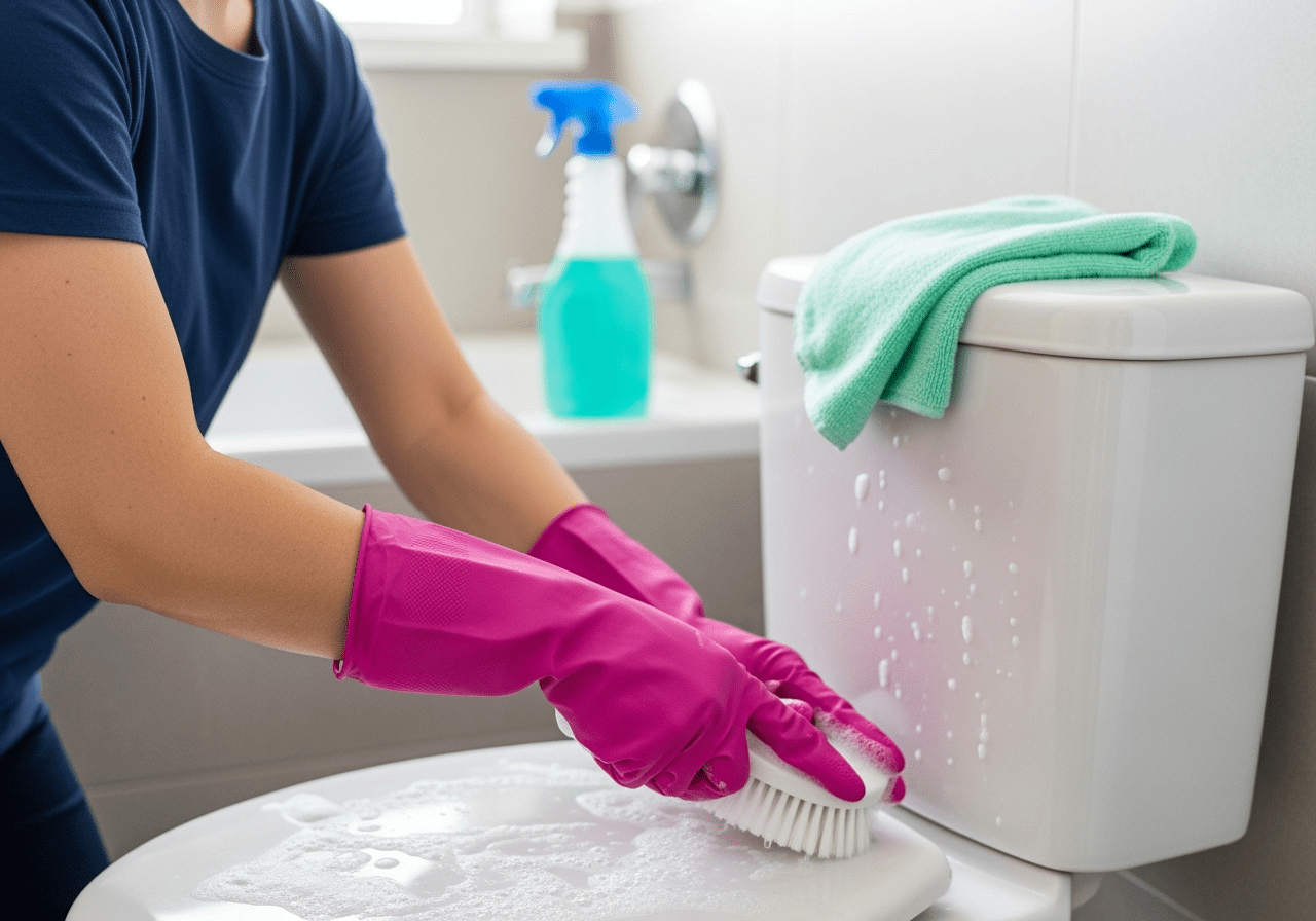 Deep Bathroom Cleaning – Maid Scrubbing Toilet in Palatine - Upstairs Downstairs Cleaning Service Palatine maid performing deep bathroom cleaning, scrubbing the toilet to ensure a sanitary, fresh, and spotless home environment.