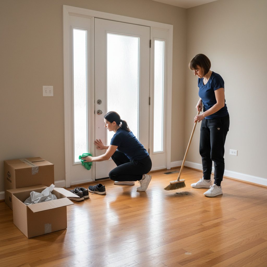 Move-Out Entryway Cleaning Service in Chicagoland - Upstairs Downstairs Cleaning Service Two Chicago maids cleaning the entryway of a suburban Chicago home during a move-out. One kneels to wipe the baseboards with a mint green cloth while the other sweeps the hardwood floor. Cardboard moving boxes and a pair of forgotten shoes by the front door highlight the moving process