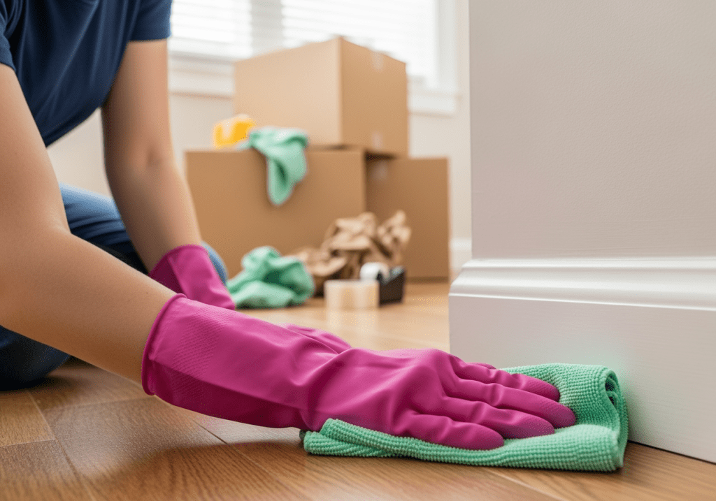 Palatine maid providing move-out cleaning, wiping baseboards to leave the home spotless and ready for new residents.
