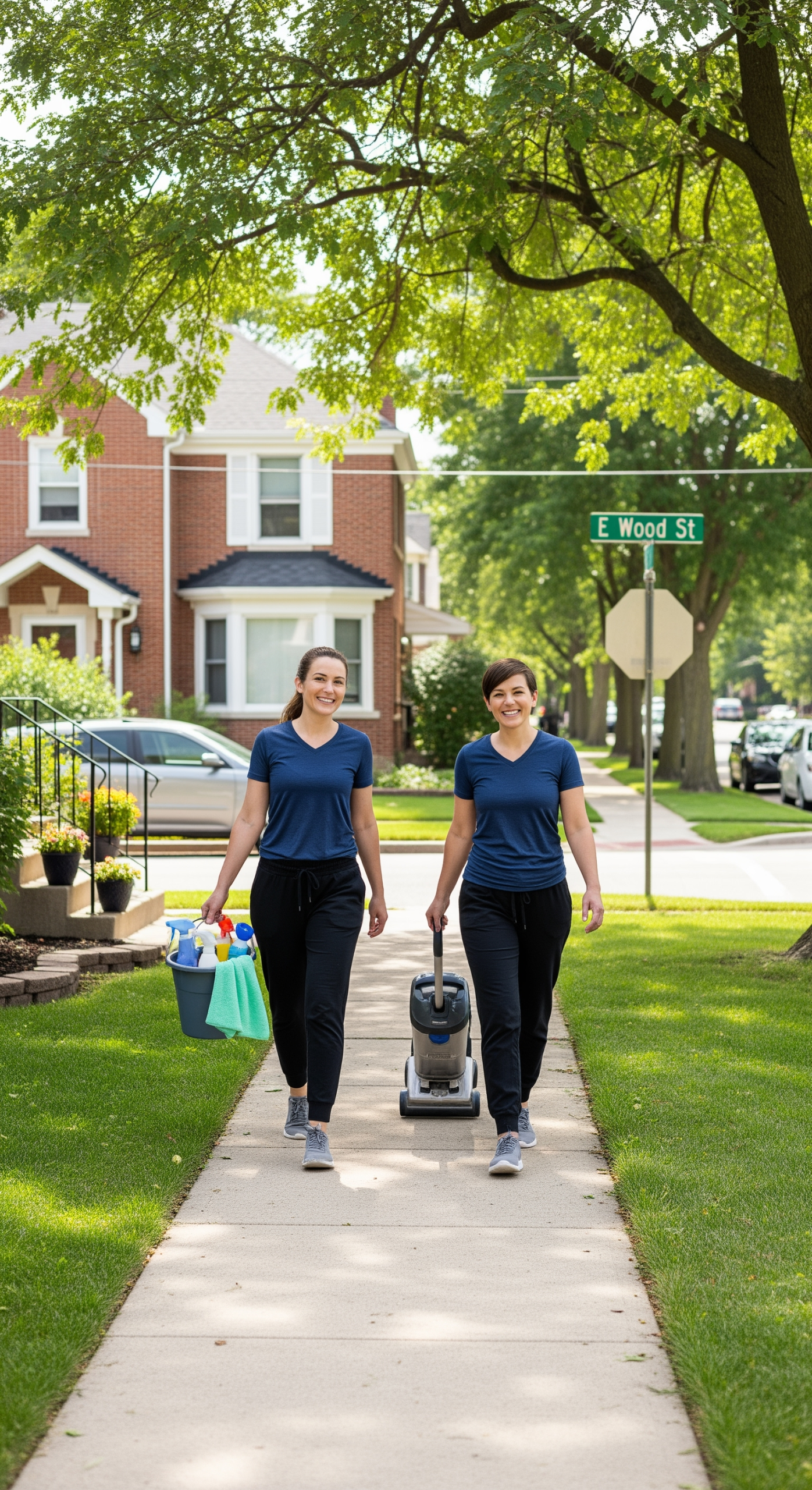 Palatine maids walking up to a suburban home with cleaning supplies. One carries a bucket and cloth while the other wheels a vacuum. A green street sign reading ‘E Wood St’ is visible in the background, anchoring the scene in Palatine.